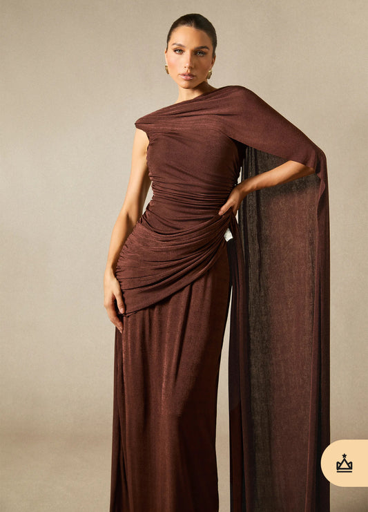 Aubrey One Shoulder Draped Cape MaxiDress