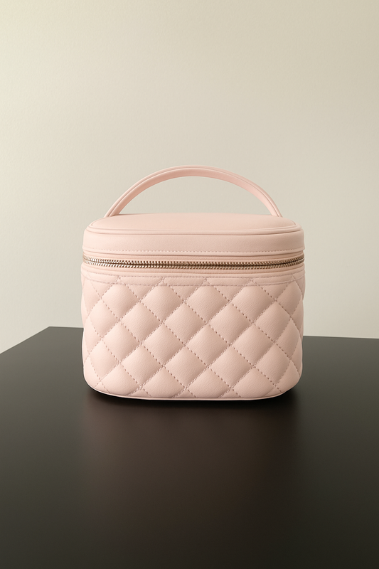 Blush Pink Quilted Cosmetic Bag – Travel Makeup Case with Handle & Zipper